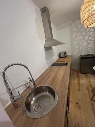 eine Metallspüle in einer Küche mit einer Holztheke in der Unterkunft Le floral in Carcassonne