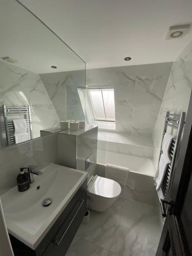 a white bathroom with a sink and a toilet at Beautiful Penthouse in centre of Winchester in Winchester
