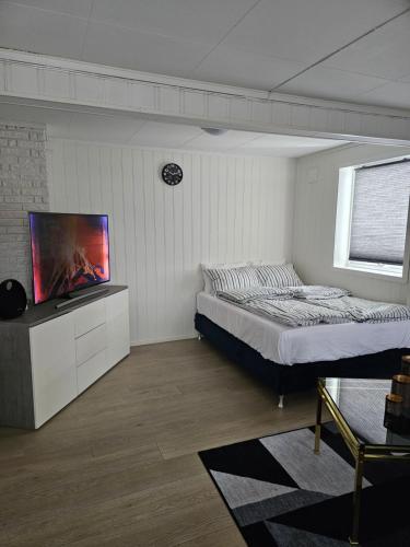 a bedroom with a bed and a flat screen tv at Montana Guest House. in Lillestrøm