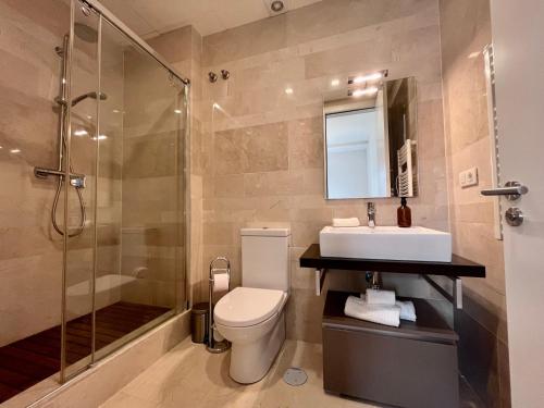 a bathroom with a toilet and a sink and a shower at Homely Málaga Felix Saenz in Málaga