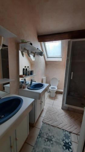 une salle de bain avec deux lavabos et un WC et une fenêtre dans l'établissement etang de la bibardiere, à Allonnes