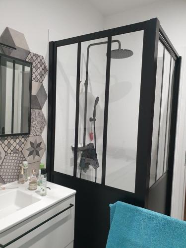 une salle de bain avec un lavabo et un miroir dans l'établissement La Clé Raccoise, à Bio