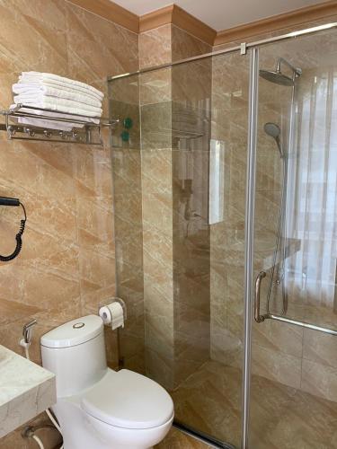 a bathroom with a toilet and a glass shower at Sapa Hai Yen Hotel and Apartment in Sa Pả