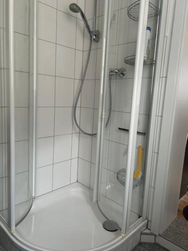 a shower with a glass door in a bathroom at Homestay in Waldshut-Tiengen