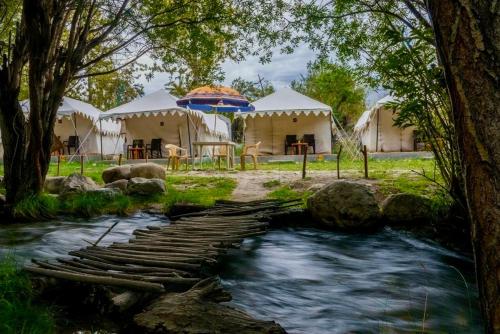a bridge over a stream in front of tents at Royal Deluxe Camp & Resort, Hunder- Nubra in Nubra
