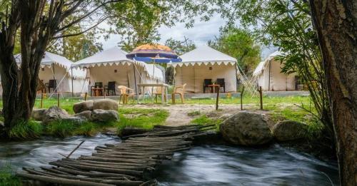 a group of white tents with a river in front at Royal Deluxe Camp & Resort, Hunder- Nubra in Nubra