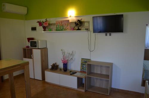cute colorful studio في بولا: غرفة معيشة مع تلفزيون بشاشة مسطحة على الحائط