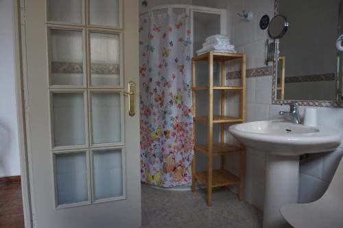 uma casa de banho com um lavatório e uma cortina de chuveiro em Rompeolas Playa em Chipiona