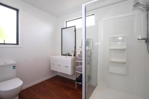 a bathroom with a toilet and a sink and a mirror at Heavenly in Hawea in Lake Hawea