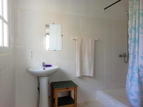 a white bathroom with a sink and a shower at Chez Jeanne Chambre d'Hôte in Antananarivo