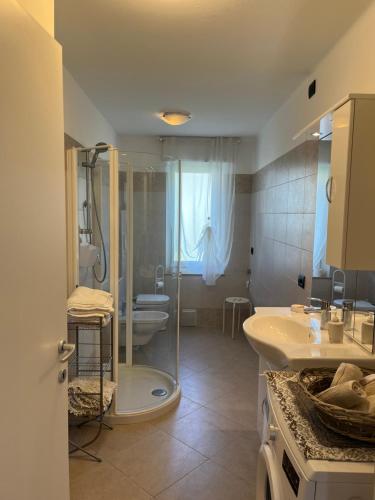 Ronzo Chienis的住宿－THE SUNFLOWER APARTMENT，带淋浴、盥洗盆和卫生间的浴室