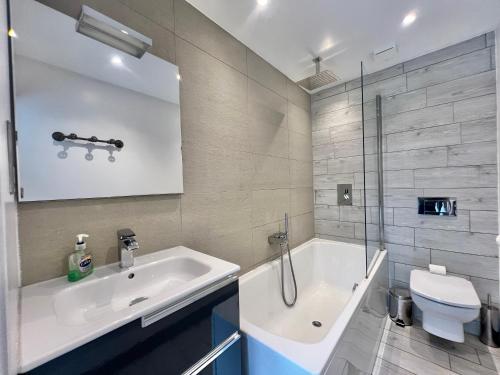 a bathroom with a sink and a shower and a toilet at Lovely contemporary ground floor apartment. in Dean