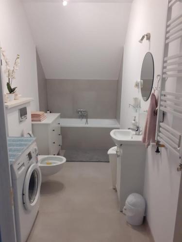 ein weißes Badezimmer mit einem Waschbecken, einem WC und einer Badewanne in der Unterkunft Apartament w Starym Młynie in Sobótka