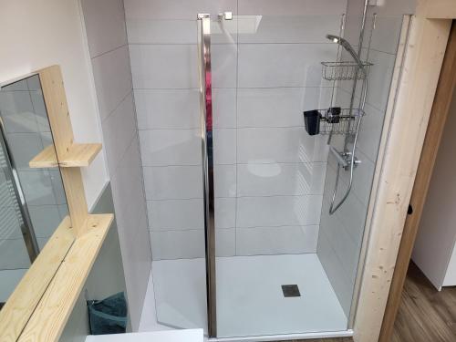 eine Dusche mit Glastür im Bad in der Unterkunft Sous le saule in Nods