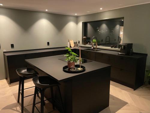 a kitchen with a black island with a plant on it at Villa close to Granåsen in Trondheim