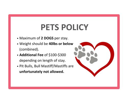 a pet policy card with a heart with paw prints at Boardwalk CozySuites Condo with kitchen 48 in Atlantic City