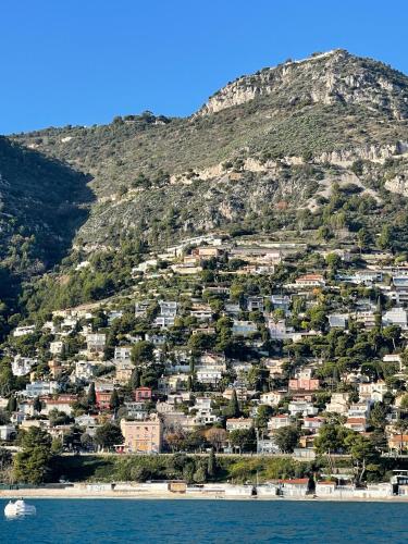 a town on a hill next to the water at Ezevacances Studio Capuccino vue mer 5 mn plage 7 mn gare Wifi in Èze