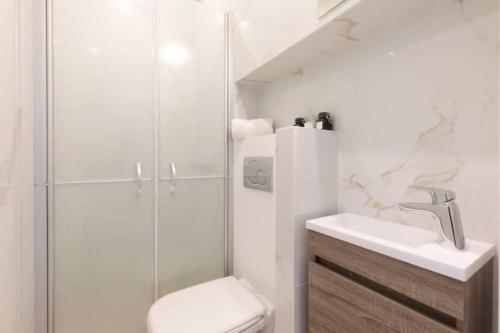 a bathroom with a shower and a toilet and a sink at LE PETIT MARCHE - NEW 2021 Fabuleux studio 2Pax Wi-fi A/C in Antibes