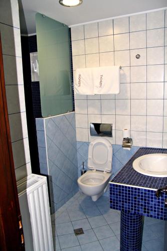 a small bathroom with a toilet and a sink at Hotel Taxiarches in Aristi