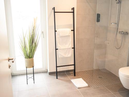 ein Bad mit einer Dusche und einem WC in der Unterkunft River Lux Suite - 5 min to HBF in Wetzlar