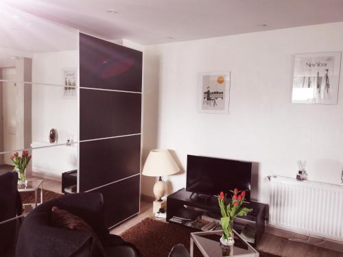 a living room with a couch and a tv at Gite au vieux chêne ( proximité de Forbach57) in Folkling