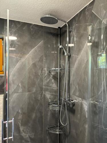 a bathroom with a shower with a glass door at Haus St Peter , op 5 auto minuten van een geweldig skigebied in Radenthein
