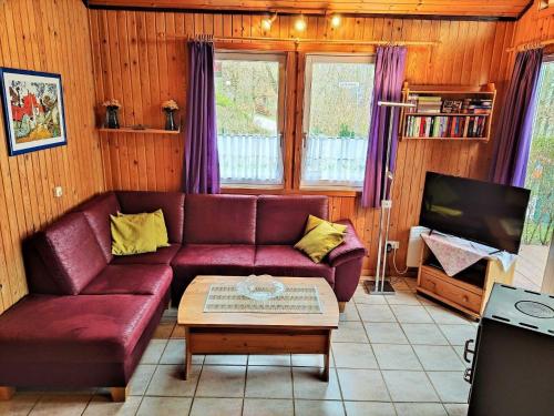 ein Wohnzimmer mit einem Sofa und einem Couchtisch in der Unterkunft Gemütliches Ferienhaus Merle für 5 Personen mit Sauna und Kaminofen von Privat im Ferienpark Exterta in Extertal