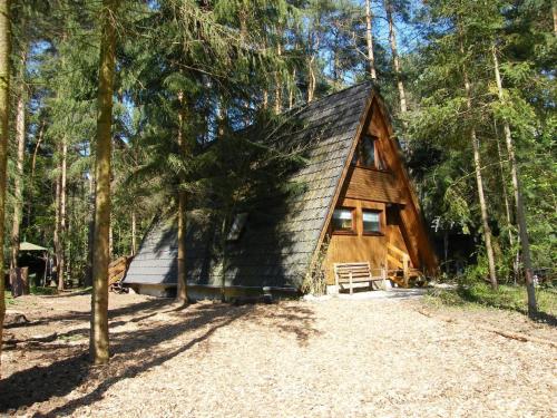 uma cabana de madeira na floresta com uma entrada de cascalho em Nurdachferienhaus in ruhiger Lage, auf einem naturbelassenem Grundstück mit nahegelegener Angelmöglichkeit - b48731 em Wienhausen