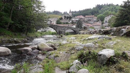 eine Brücke über einen Fluss mit Felsen und einer Stadt in der Unterkunft Grande maison au coeur du parc naturel des Monts d'Ardèche in Saint-Julien-Boutières