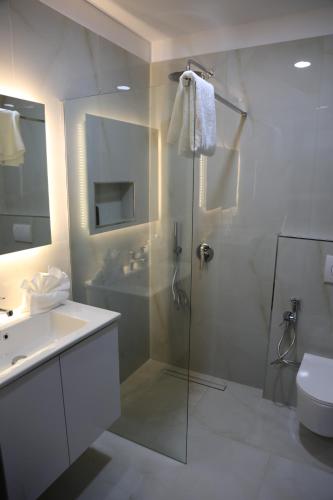 a bathroom with a shower and a sink and a toilet at Pamja e Qyteteve in Krujë