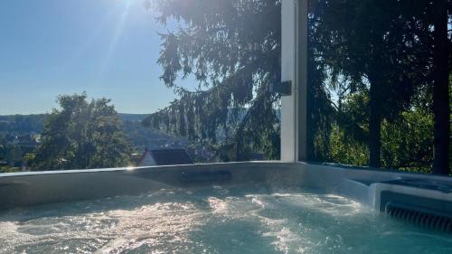 a jacuzzi tub with a view of the trees at Wellnorama 2 - WellnessFerienhaus mit Pool, Sauna und eigenem Whirlpool mitten in Deutschland in Wasungen