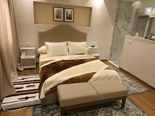 een slaapkamer met een groot bed en een douche bij ستوديو فندقى فاخر بالزمالك in Caïro