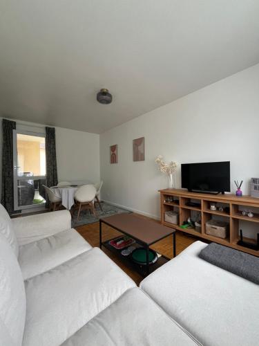 Appartement Cosy et Confortable في سان جيني لافال: غرفة معيشة بها كنبتين بيضاء وتلفزيون