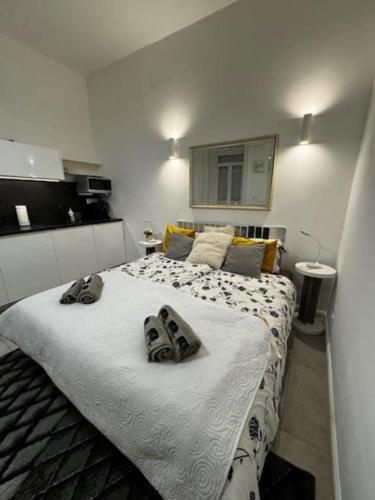 Un dormitorio con una cama grande en una habitación. en Cozy Studio in the Heart of Buda, en Budapest