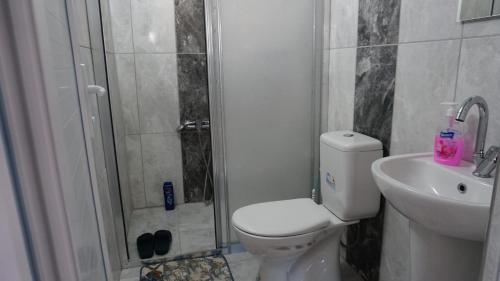 a bathroom with a shower and a toilet and a sink at Salda Karanfil Pansiyon in Yeşilova