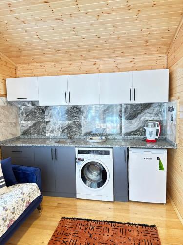 a kitchen with a washer and dryer in a room at Cemils Guest House in Cıralı