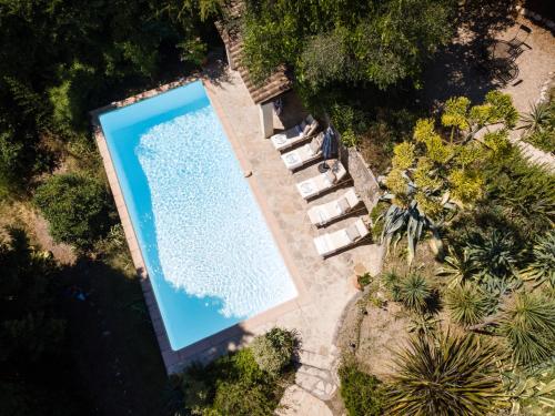 - une vue sur la piscine bordée de chaises et d'arbres dans l'établissement Opio Villa with private pool, à Opio