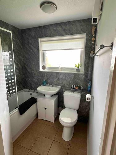 a bathroom with a toilet and a sink and a window at 129 Sunset Chalet in Hemsby