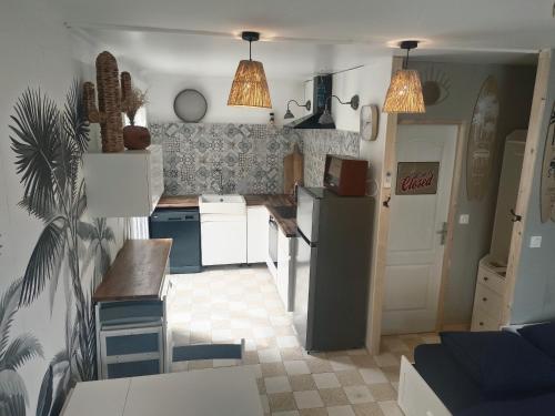 a kitchen with a refrigerator and a counter top at Narbonne Studio Lamarobile climatisé avec jardin et terrasse proche des Grands Buffets, du centre ville et de la gare in Narbonne
