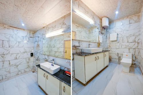 twee foto's van een badkamer met wastafel en toilet bij Hotel Shiva Lake Mussoorie - 360 Degree View - Free Parking in Mussoorie