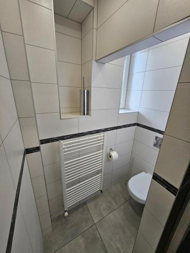 a small bathroom with a toilet and a mirror at Apartmán Eliašova 2 in Česká Lípa
