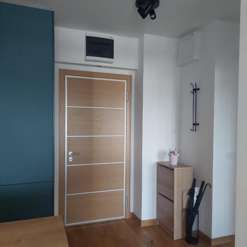 a door with a television on top of it in a room at Jana apartment in Belgrade