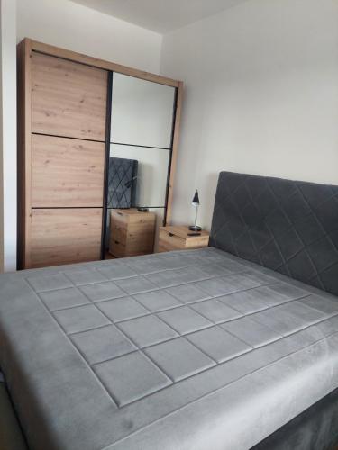 a bedroom with a large bed and a mirror at Jana apartment in Belgrade