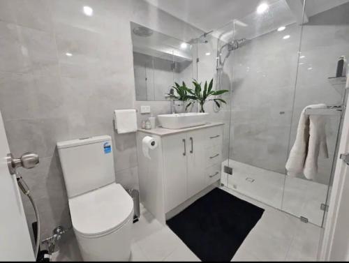 a white bathroom with a toilet and a sink at Cosy Unit at Modbury in Modbury