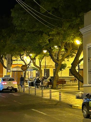 a street at night with cars parked in front of trees at Hotel Los Angeles in Arequipa