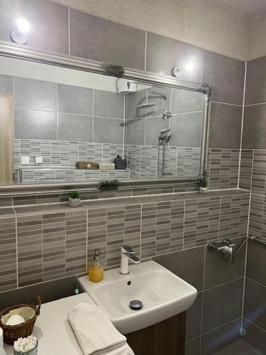 uma casa de banho com um lavatório e um espelho em 2-izbový byt s parkovaním v centre B. Bystrice em Banská Bystrica