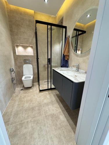 ein Badezimmer mit einem WC, einem Waschbecken und einem Spiegel in der Unterkunft Soho in Baku