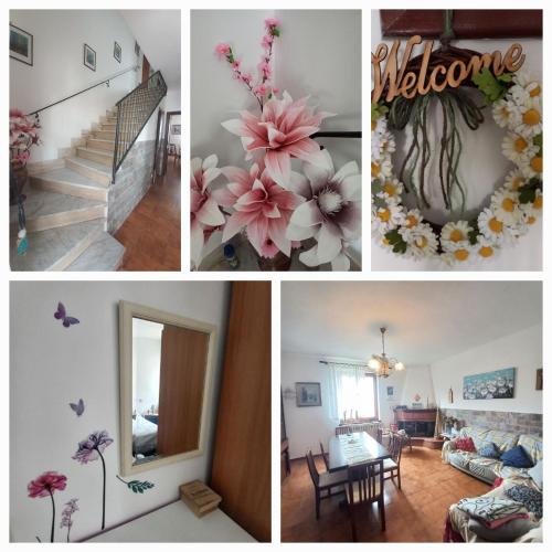 un collage di foto di una stanza con fiori di Casa Vacanza Margherita a Minucciano