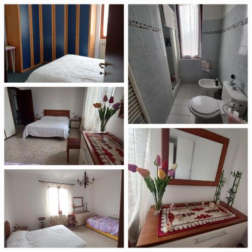 a collage of four pictures of a bedroom and a bathroom at Casa Vacanza Margherita in Minucciano