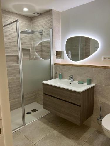 une salle de bain avec un lavabo et une douche dans l'établissement Maison cosy avec piscine, à Saleilles